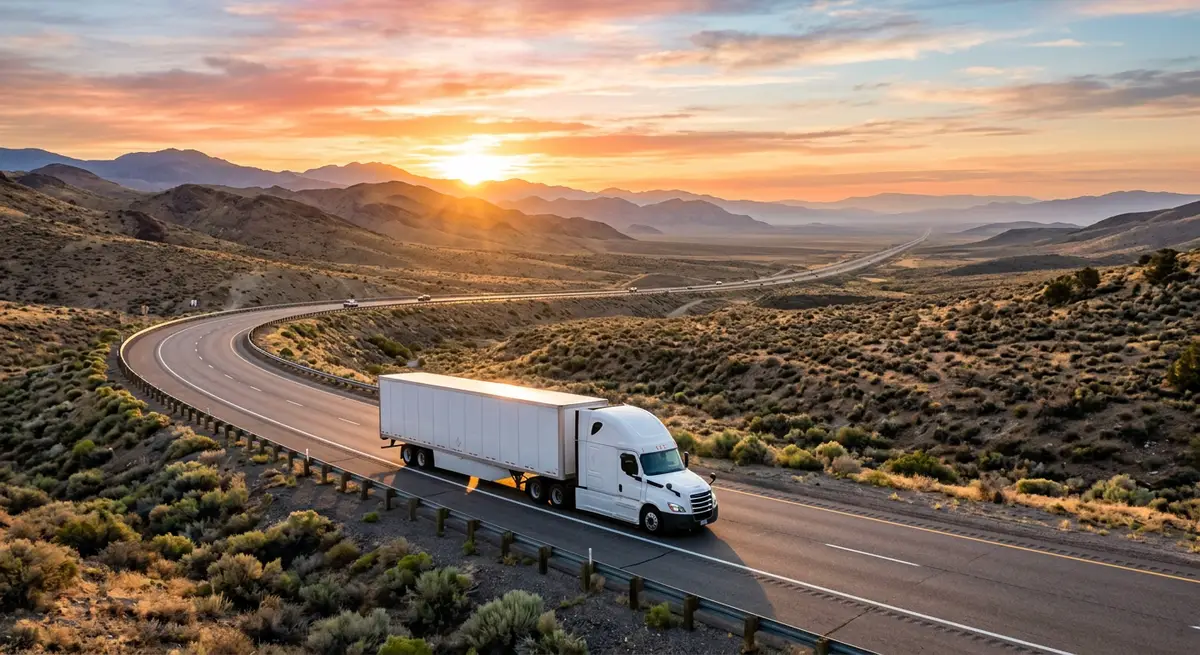 Large enclosed tractor-trailer motorcycle transport truck on an interstate highway at sunrise