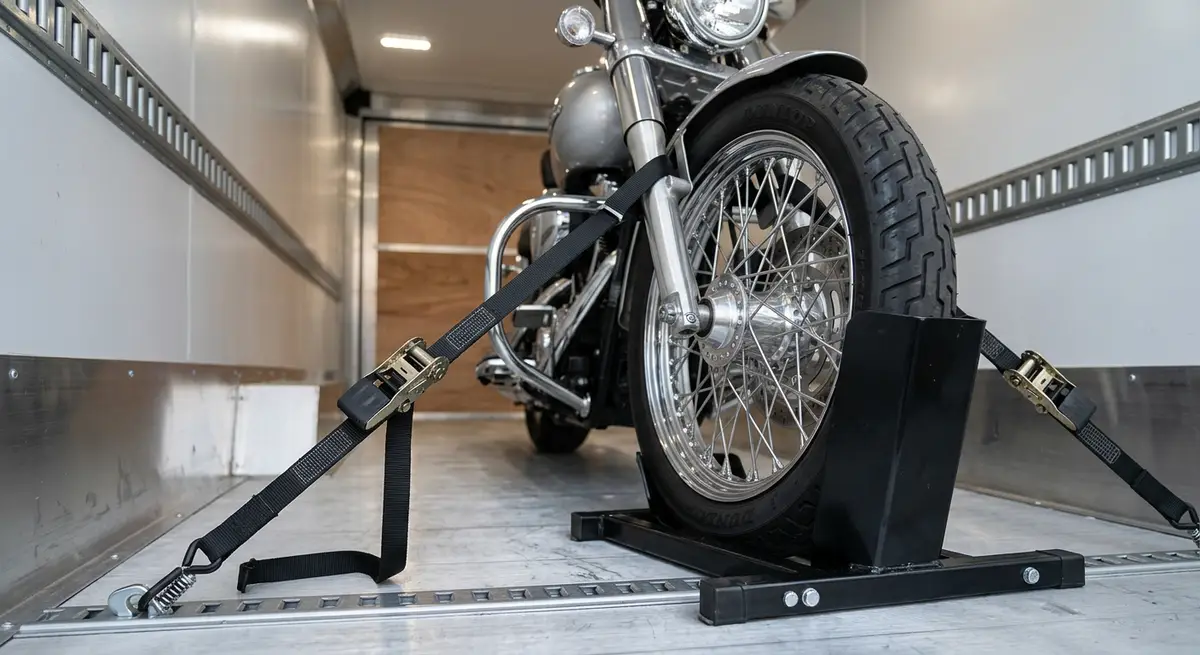 Motorcycle front wheel in a chock, secured with soft straps inside an enclosed trailer
